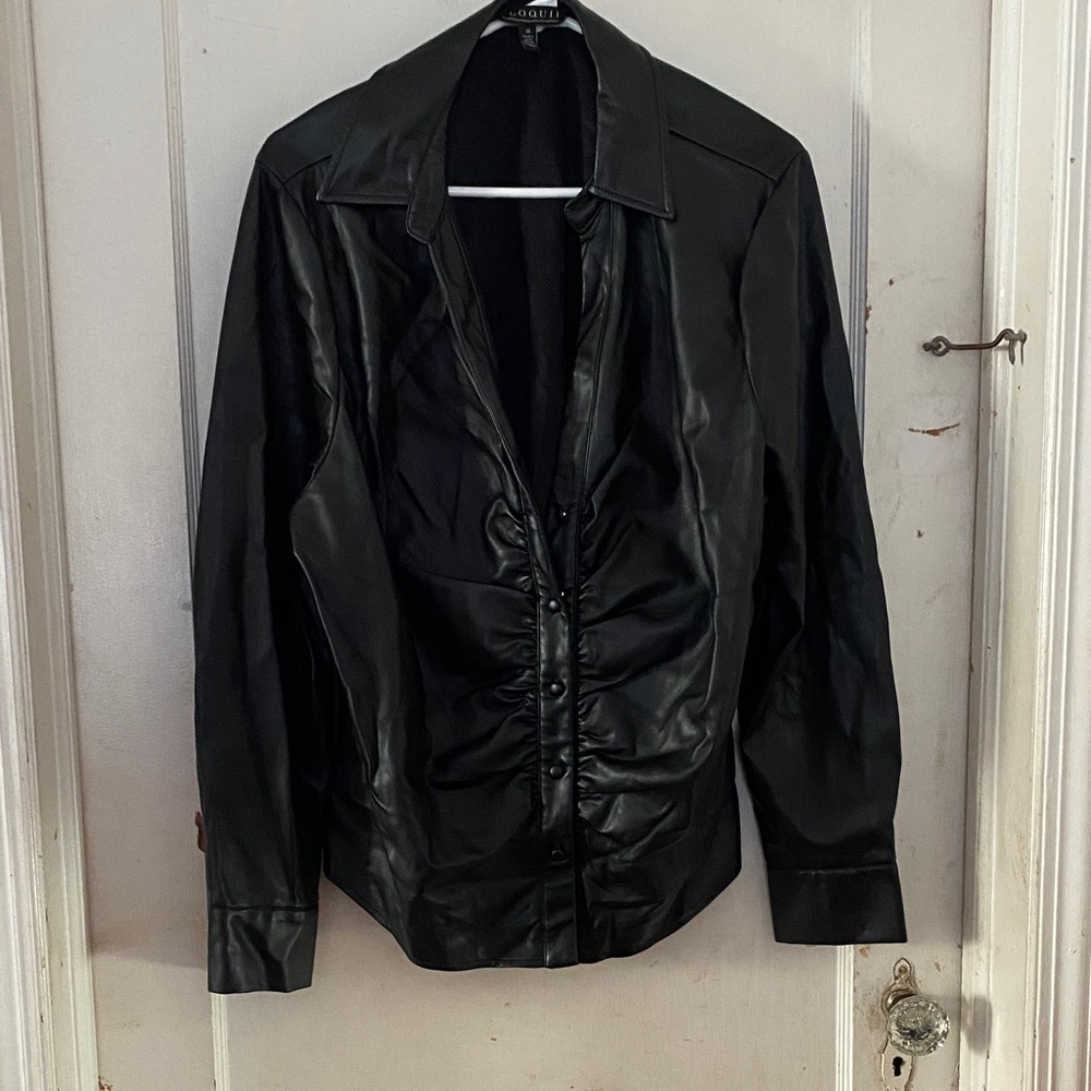Eloquii Dark Button Down Shirt with Ruched Front
